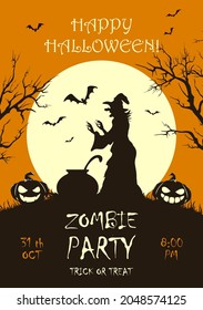 Scary Witch with pumpkins is preparing potion in pot. Zombie Party on orange Halloween background with Moon. Illustration for children's holiday design, cards, invitations, banners, template for party