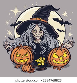 Scary witch with pumpkins, vector hand drawn art