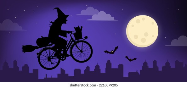 Scary witch riding a bicycle and flying in the sky on Halloween night