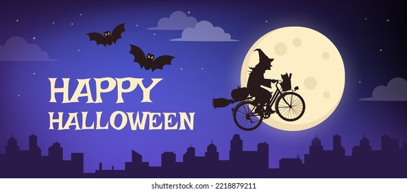 Scary witch riding a bicycle and flying in the sky on Halloween night