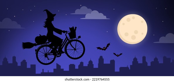 Scary witch riding a bicycle and flying in the sky on Halloween night