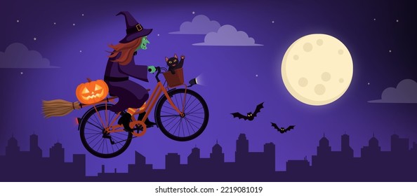 Scary witch riding a magical bicycle with her black cat and flying in the sky, Halloween concept