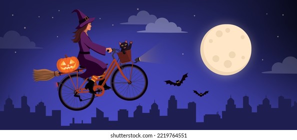 Scary witch riding a magical bicycle with her black cat and flying in the sky, Halloween concept