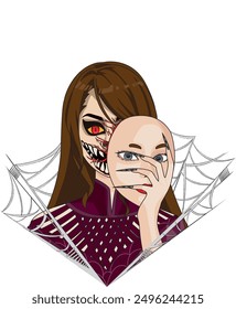 Scary Witch Showing Her Real Face Removing Her Beauty Mask Vector