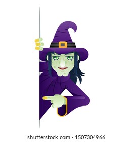 Scary witch support help consultation advice promotion looking out corner halloween character solution cartoon design vector illustration