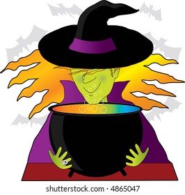 A scary witch watching over a cauldron