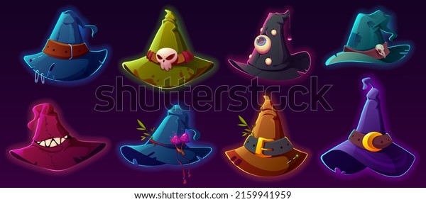 Scary\
witch and wizard hats for Halloween costume. Vector cartoon set of\
fantasy magic accessory for magician and sorceress. Old spooky\
pointed caps with buckles, eyes, belts and\
teeth