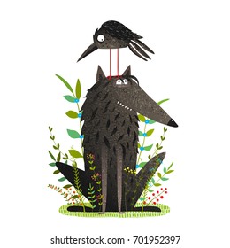 Scary Wolf and Funny Crow in Forest. Two animals friends in the grass. Vector artistic illustration.