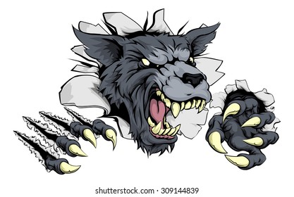 A Scary Wolf Mascot Ripping Through The Background With Sharp Claws