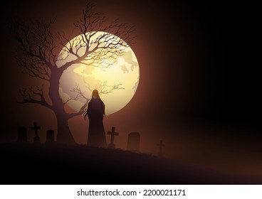 Scary woman figure with long hair on graveyard near dried tree, horror Halloween concept, vector illustration 