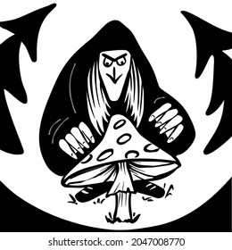 The scary woman witch in a cloak grabbing a mushroom amanita with spruces on the background. Creepy fairytale card. Hand drawn ink style black and white vector illustration.