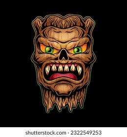 scary wood monster face, mascot illustration