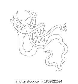 Scary worm monster, black and white sketch. Funny evil serpent or dragon. Dangerous parasite fantastic animal. Stock vector illustration.