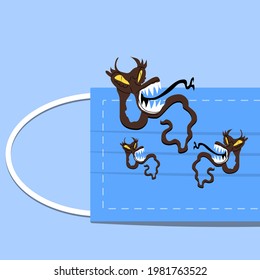 Scary worm monster on a protective face mask. Dangerous parasite fantastic animal. Stock vector illustration.