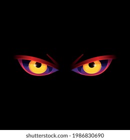 Scary yellow evil eyes of angry Halloween monster isolated . Furious glowing eye pair of demon or wild dangerous animal - vector illustration.