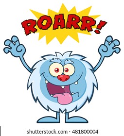 Scary Yeti Cartoon Mascot Character With Angry Roar Sound Effect Text. Vector Illustration Isolated On White Background