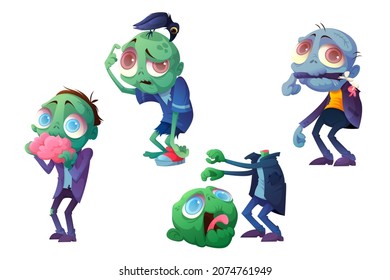 Scary zombie character in different poses isolated on white background. Vector cartoon set of creepy dead man eats brain, lost head and arm. Spooky Halloween undead monster