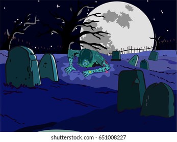 scary zombie climbs from the ground in a cemetery under a full moon on Halloween night
