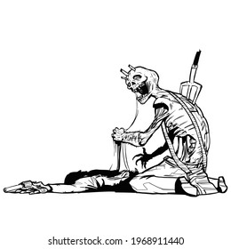 A scary zombie eats a man with a gun. Vector illustration