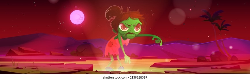 Scary zombie girl walk on river coast at night. Creepy Halloween background. Vector cartoon fantasy illustration of angry undead woman, green monster with dangling arms