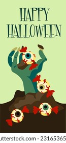 A scary zombie hand crawling out of the ground in the hand of candy in the form of eyes on a white background, a postcard for a Halloween party. Vector illustration. Printing on textiles and paper