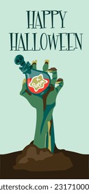A scary zombie hand crawling out of the ground, a jar of poison on a white background in his hand, a postcard for a Halloween party. Vector illustration. Print postcard, flyer, banner