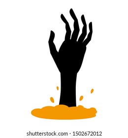 Scary zombie hand flat single icon. Halloween symbol of fear and danger. Black spooky decorative element. Vector illustration isolated on white background