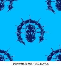 Scary zombie head with spikes. Vector illustration. Genre of horror. Blue color pattern