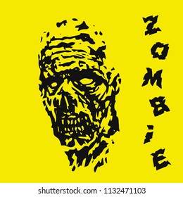 Scary zombie head. Vector illustration. Yellow background