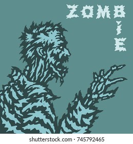 Scary zombie looks at her wizened hands and howls wildly. Vector illustration. Genre of horror. Terrible character for Halloween.