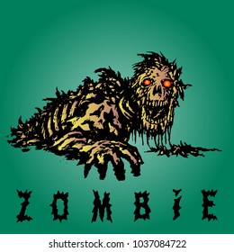 Scary zombie reaches out with his hand. Genre of horror. Scary monster character on green background. Vector illustration.