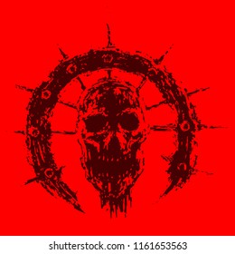 Scary zombie skull in semicircle with spikes. Vector illustration. Genre of horror. Red color background