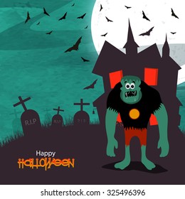 Scary zombie standing in front of a haunted house on horrible night background for Happy Halloween Party celebration. 