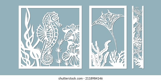 scate, starfish, seahorse, crab, algae, corals, Kelp, (laminaria, Macrocystis, Brown alga, rockweed, Fucus, Posidonia). Vector illustration. Set of paper marine animals stickers. Laser cut. Set 