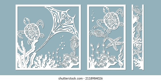 scate, starfish, seahorse, turtle, crab, algae, corals, Kelp, (laminaria, Macrocystis, Brown alga, rockweed, Fucus, Posidonia). Vector illustration. Set of paper marine animals stickers. Laser cut. 