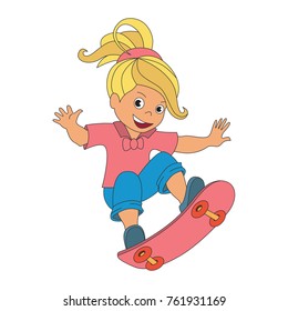 Scateboarding Girl Sport infant cartoon. Outlined illustration with thin line black stroke
