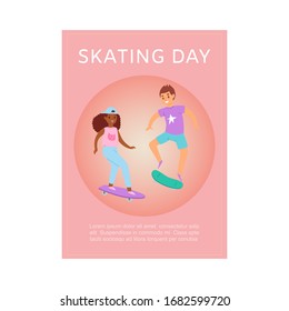 Scating day poster with teenager boy and girl skating on skateboard pink vector illustration. Skateboarding for different nationalities teenagers background.