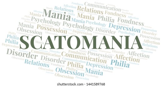 Scatomania word cloud. Type of mania, made with text only.
