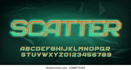 Scatter alphabet font. Neon light letters and numbers with a speed effect. Abstract polygonal background. Stock vector typeface for your design.