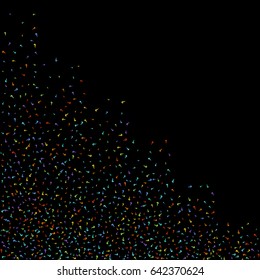 Scatter bottom left corner made of question marks on black background. Colored question points with multicolored strokes. Vector illustration.