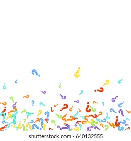 Scatter bottom made of question marks on white background. Multicolor question marks with colorful strokes. Vector illustration.