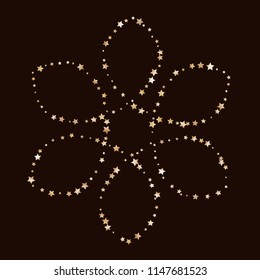 Scatter of colored stars forming a flower contour. Isolated gradient celestial elements. Brass metal shine. Holiday celebration luminous vector template for decorations