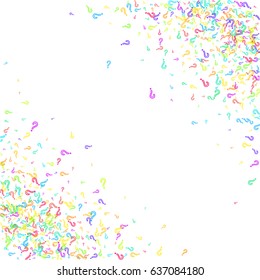 Scatter corner made of question marks on white background. White question marks with colorful strokes. Abstract background. Vector illustration.