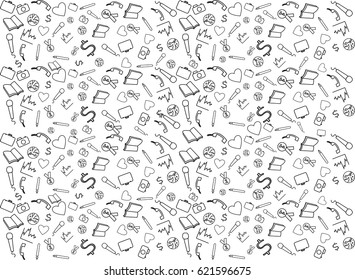 Scatter Doodle Graphic with random objects(Heart, camera, briefcase, dollar, book, graph, globe)