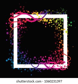 Scatter frame stars fantasy magic galaxy celebration party with spiral curve whip lines on black abstract background using for template banner poster advertisement