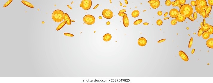 Fondo Panorámico Gris De Vector De Moneda De Oro Dispersa. Tarjeta de Otoño de Metal Jackpot. Volante de efectivo dorado. Folleto de dinero de abundancia.