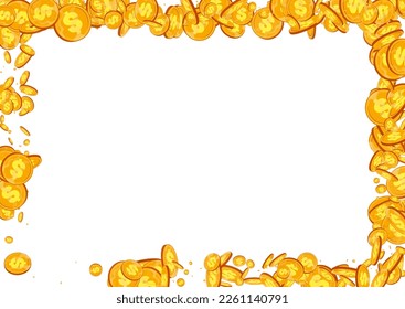 Scatter fondo blanco vector de moneda dorada. Caricatura de Metal Confetti. Brillante Funda de Dólar. Folleto de flujo de dinero.