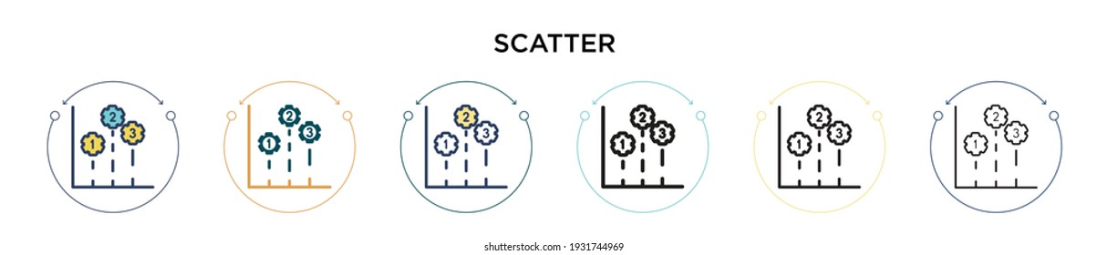 Scatter icon in filled, thin line, outline and stroke style. Vector illustration of two colored and black scatter vector icons designs can be used for mobile, ui, web