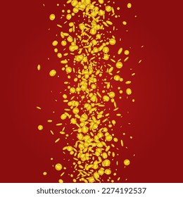 Fondo rojo vector de divisa metálica dispersa. Diseño de la Caída del Bote de Oro. Tarjeta Dorada del Dólar. Cartel de dinero volador.