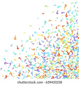 Scatter right corner made of question marks on white background. Multicolor question marks with colorful strokes. Abstract background. Vector illustration.